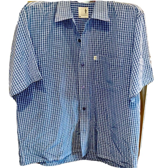 Pineapple Connection Blue Checkered SHIRT Mens medium Button Up Short Sleeves M - Picture 1 of 10